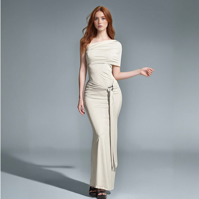 Sexy off-shoulder dress with ribbons and pleated maxi dress