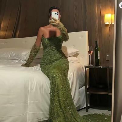 Luxury dubai mermaid green evening dresses with gloves 2025 saudi arabia women wedding party gowns ss606 customized