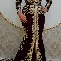 Luxury Maroon Formal Evening Dresses For Arabic Women Long Sleeves Party Gowns Beaded Applique Mermaid Prom Dress - Thumbnail 1