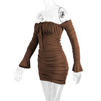 Sexy one-shoulder neckline wrap-around hip skirt with flared sleeves - Thumbnail 2