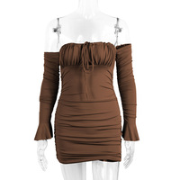 Sexy one-shoulder neckline wrap-around hip skirt with flared sleeves - Thumbnail 3