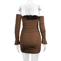 Sexy one-shoulder neckline wrap-around hip skirt with flared sleeves - Thumbnail 4