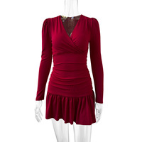 Sexy V-neck long-sleeved dress with pleated slim-fitting hip skirt - Thumbnail 3