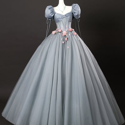 Gray tulle flowers long prom dress with corset, gray a-line formal dress - Thumbnail 1