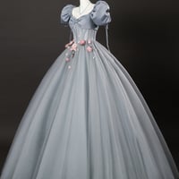 Gray Tulle Flowers Long Prom Dress with Corset, Gray A-Line Formal Dress - Thumbnail 1
