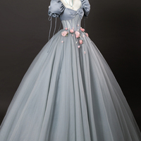 Gray Tulle Flowers Long Prom Dress with Corset, Gray A-Line Formal Dress - Thumbnail 2