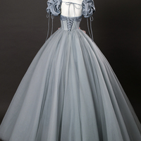 Gray Tulle Flowers Long Prom Dress with Corset, Gray A-Line Formal Dress - Thumbnail 3