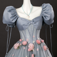 Gray Tulle Flowers Long Prom Dress with Corset, Gray A-Line Formal Dress - Thumbnail 4