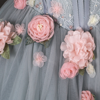 Gray Tulle Flowers Long Prom Dress with Corset, Gray A-Line Formal Dress - Thumbnail 5