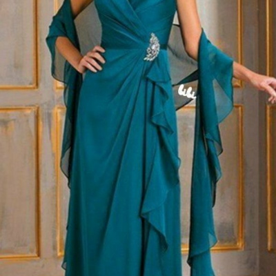 V neck blue chiffon mother of bride dress evening formal dress