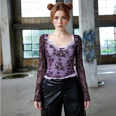 Sexy square neck collarbone-exposing lace long sleeve bottoming t-shirt