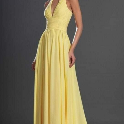 Halter yellow chiffon mother of bride dress prom dress