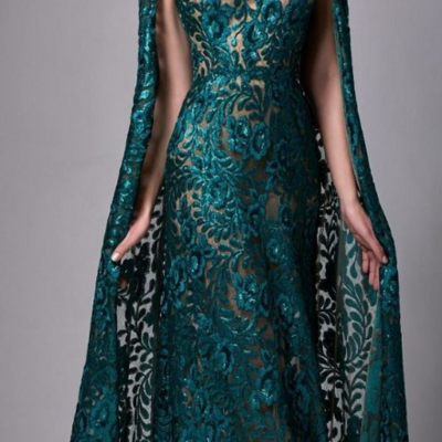 Elegant round neck mother of bride/ groom dress dark green lace prom dress