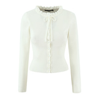 Lace round neck long sleeve single breasted elastic waist tie cardigan sweater - Thumbnail 1