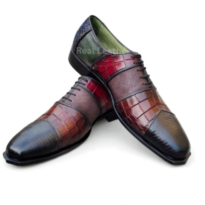 Crafted leather classic multi color crocodile leather wingtip oxford lace up dress shoes - Thumbnail 1