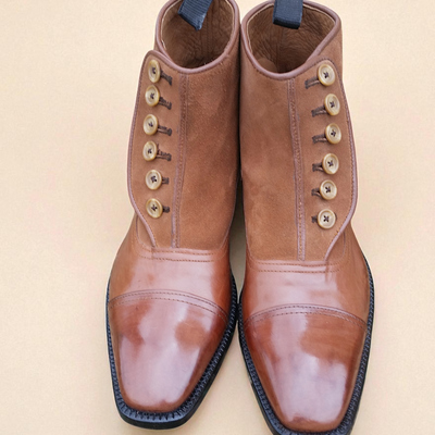 Crafted leather classic men genuine brown / suede leather ankle high button dress boot