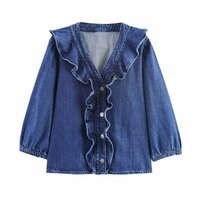 Fashionable and versatile lace-trimmed denim shirt - Thumbnail 2