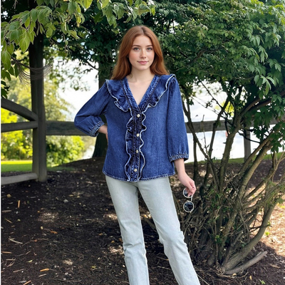 Fashionable and versatile lace-trimmed denim shirt