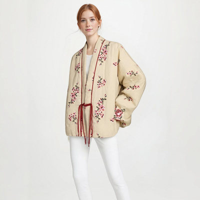 Fashionable flower embroidered v-neck long-sleeved cotton jacket - Thumbnail 4