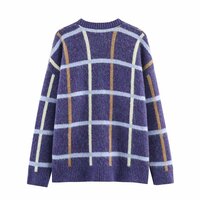 Loose British Plaid V-neck Knitted Sweater Cardigan Jacket - Thumbnail 1
