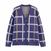 Loose British Plaid V-neck Knitted Sweater Cardigan Jacket - Thumbnail 2