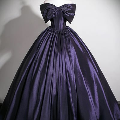Purple satin long prom dress, elegant off the shoulder formal dress - Thumbnail 1