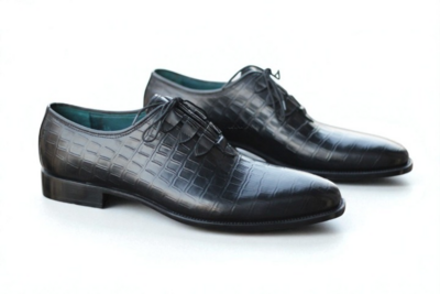 Crafted Leather Classic Men Black Crocodile Leather Lace up Dress Shoes