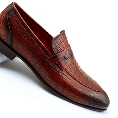 Crafted leather classic brown crocodile leather moccasin loafers dress shoes - Thumbnail 2