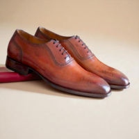 Crafted Leather Classic Men Brown Leather Oxford Lace up Dress Shoes - Thumbnail 1