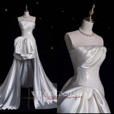 Sparkling Ivory Satin Prom Dress: Removable Sequin Train Prom  Dresses