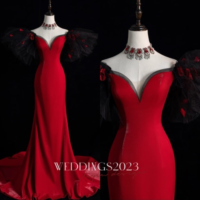 Charming red satin short sleeve prom dresses,puff sleeve dress sweetheart gown ,floor length formal dress,shiny evening party dress - Thumbnail 4