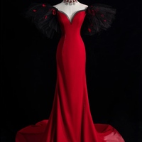 Charming Red Satin Short Sleeve Prom Dresses,Puff Sleeve Dress Sweetheart Gown ,Floor Length Formal Dress,Shiny Evening Party Dress - Thumbnail 2