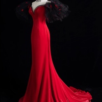 Charming Red Satin Short Sleeve Prom Dresses,Puff Sleeve Dress Sweetheart Gown ,Floor Length Formal Dress,Shiny Evening Party Dress - Thumbnail 4