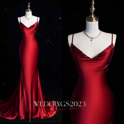 Red prom dress with spaghetti straps, long mermaid prom dress, beaded prom dress, formal evening dress, bridal dress - Thumbnail 5