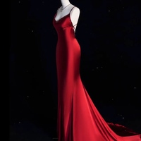 Red Prom Dress with Spaghetti Straps, Long Mermaid Prom Dress, Beaded Prom Dress, Formal Evening Dress, Bridal Dress - Thumbnail 2