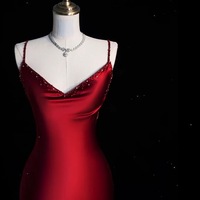 Red Prom Dress with Spaghetti Straps, Long Mermaid Prom Dress, Beaded Prom Dress, Formal Evening Dress, Bridal Dress - Thumbnail 3