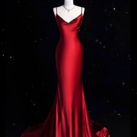 Red Prom Dress with Spaghetti Straps, Long Mermaid Prom Dress, Beaded Prom Dress, Formal Evening Dress, Bridal Dress - Thumbnail 4