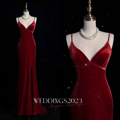Red Prom Dress with Spaghetti Straps Velvet Prom Dress, Long Mermaid Prom Dress, Beaded Prom Dress, Formal Evening Dress, Bridal Dress
