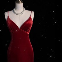 Red Prom Dress with Spaghetti Straps Velvet Prom Dress, Long Mermaid Prom Dress, Beaded Prom Dress, Formal Evening Dress, Bridal Dress - Thumbnail 1