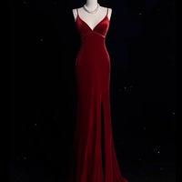 Red Prom Dress with Spaghetti Straps Velvet Prom Dress, Long Mermaid Prom Dress, Beaded Prom Dress, Formal Evening Dress, Bridal Dress - Thumbnail 2