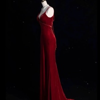 Red Prom Dress with Spaghetti Straps Velvet Prom Dress, Long Mermaid Prom Dress, Beaded Prom Dress, Formal Evening Dress, Bridal Dress - Thumbnail 4