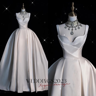 Custom made minimalist  a-line wedding dress with straps, satin bridal gown, elegant modern bride