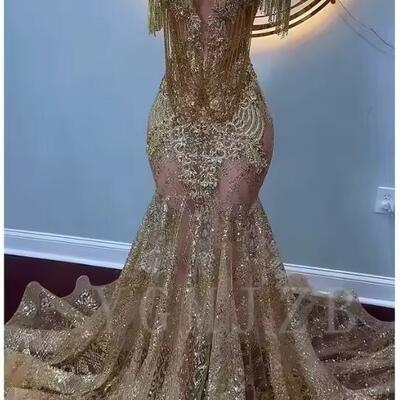 Glittle gold long prom dresses luxury off shoulder bead rhinestones tassels formal party gala graduation gowns customized