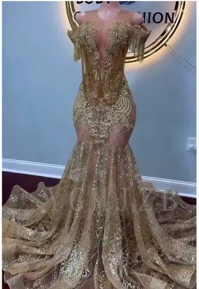 Glittle Gold Long Prom Dresses Luxury Off Shoulder Bead Rhinestones Tassels Formal Party Gala Graduation Gowns Customized