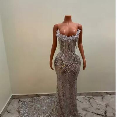 Silver mermaid long prom dresses 2025 for afrcian girls corset strapless sequin crystal tassel evening gowns for party customized