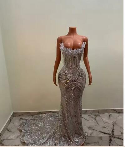 Silver Mermaid Long Prom Dresses 2025 For Afrcian Girls Corset Strapless Sequin Crystal Tassel Evening Gowns For Party Customized