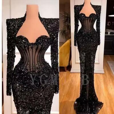 Black evening dresses luxury mermaid beads rhinestone long sleeve formal prom birthday party gowns for wedding