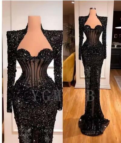 Black Evening Dresses Luxury Mermaid Beads Rhinestone Long Sleeve Formal Prom Birthday Party Gowns for Wedding