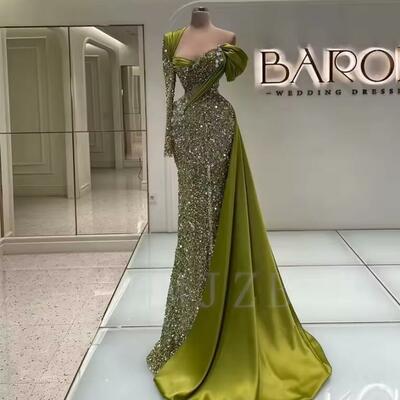 Green sequin saudi evening dresses luxury one shoulder long sleeve formal gowns arabic women formal prom party gowns customized