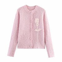 Rose Knit Sweet Boucle Yarn Round Neck Cardigan Jacket - Thumbnail 2